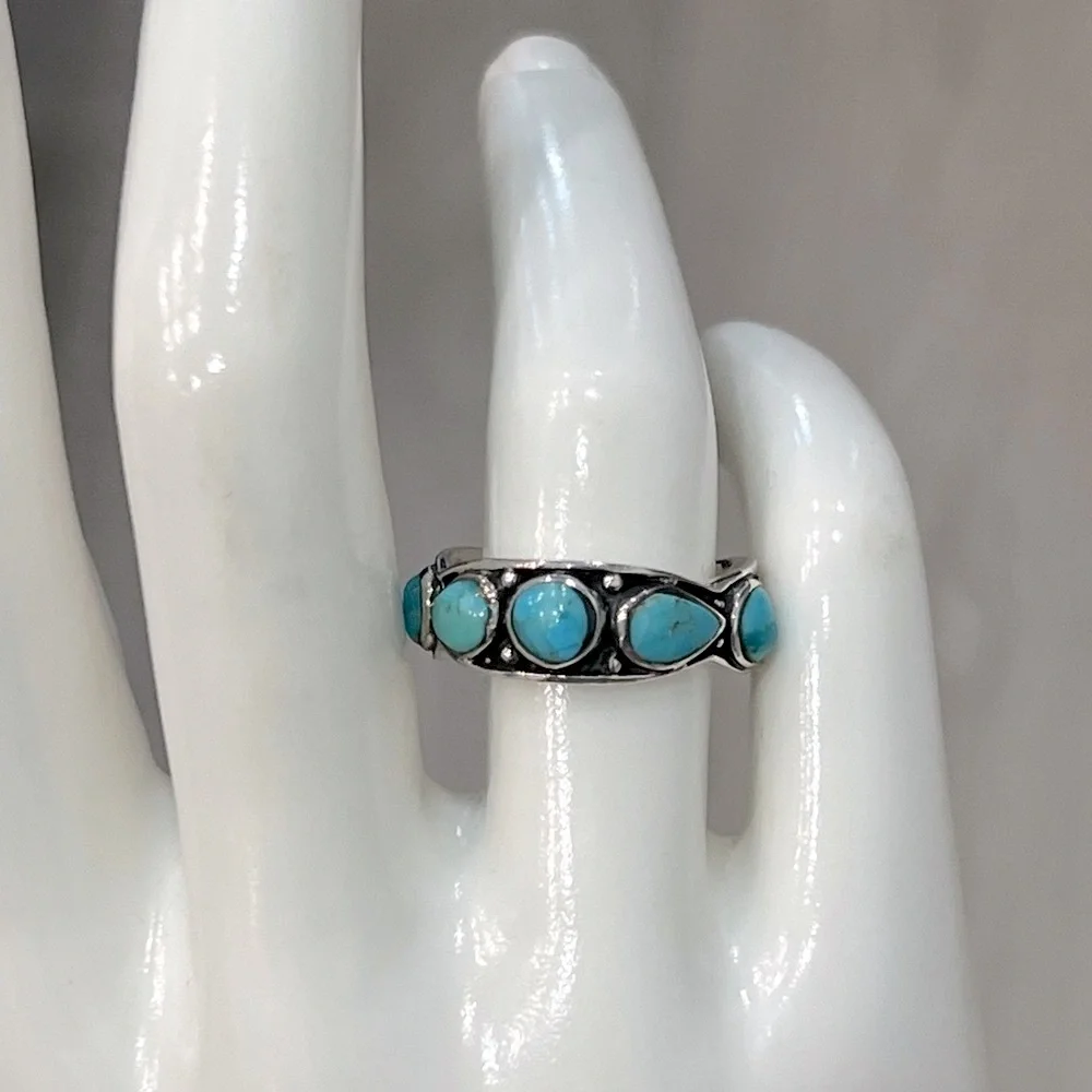 Santa Fe Style Sterling Silver Kingman Turquoise 5 Stone Ring Sz 7